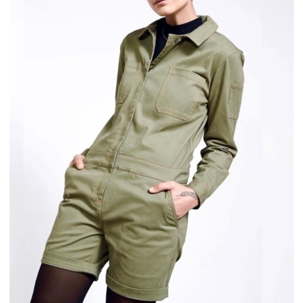 Wildfang Olive Green Essential Long Sleeve Utility Romper Jumpsuit Size Small